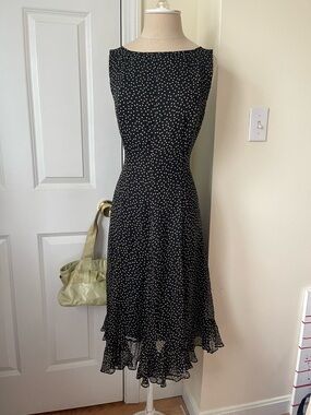 Adrianna Papell Black and White Polka Dot Sleeveless Midi Dress